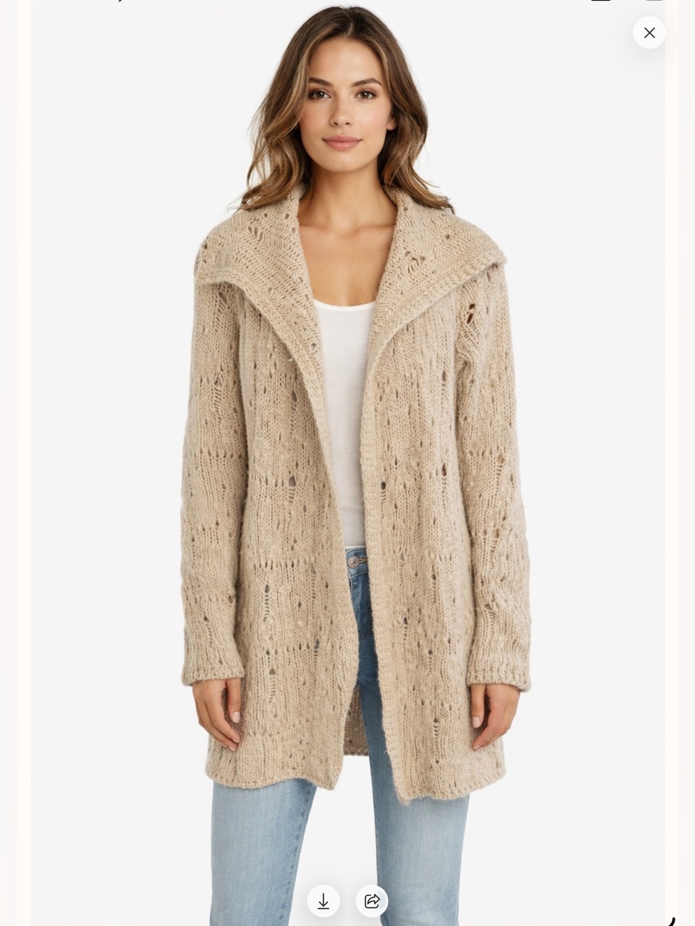 ππΈR&W Co. Tan Crochet Loose Knit Wool Kid Mohair Blend Cardigan Sweater S